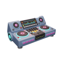A stylish grey DJ mixer with illuminated display, turntables and controls is pictured, suitable for mixing music. png