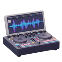 A digital DJ controller with a display showing a waveform, featuring knobs, buttons, and faders, is used for music mixing and creating sound effects. png