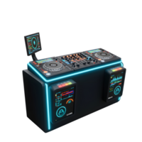 A modern DJ console with digital screens and multiple controls is designed for music mixing and audio manipulation. png