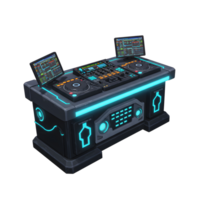 A futuristic-looking DJ setup with turntables, a mixer, and screens glows with cyan lighting, ideal for creating electronic music. png