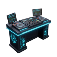 This black DJ setup includes a mixer, two turntables, and two computer screens and can be used for mixing music at a party or in a club. png