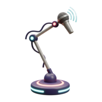 A microphone sits on a futuristic stand that features neon lighting and a sleek design, often utilized for podcasting, recording, or broadcasting. png