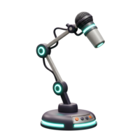 A sleek, modern microphone with an adjustable arm and illuminated accents is shown, which can be used for broadcasting, recording, or online communication. png