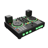 A black DJ controller with two speakers features glowing green accents and multiple buttons and knobs, perfect for mixing music. png