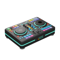 A black DJ mixer with colorful buttons and knobs can be used for creating music and DJing. png