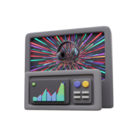 A monitor displays a vibrant pattern and a headphone, accompanied by a panel showcasing a graph, suggesting its use for audio visual analysis. png
