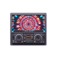 This illustration features a DJ mixer with a screen showing a circular light pattern, perfect for digital music production or entertainment projects. png
