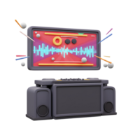 A stylized audio workstation displays a waveform on its screen, surrounded by floating elements, making it perfect for creating music or audio content. png