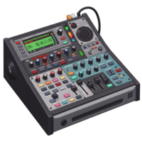 An audio mixer with various knobs, buttons, and faders is displayed, likely used for sound engineering. png