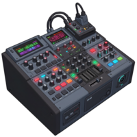 This audio mixer has knobs, sliders, and screens, creating a complex interface for mixing sound in a digital studio. png