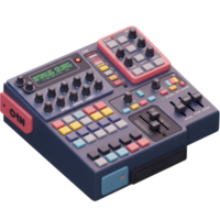 A blue soundboard with knobs, buttons and a display panel rests on a white background for music production. png