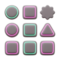 A set of geometric buttons with glowing neon edges in different shapes are arranged on a white background for use in user interfaces. png