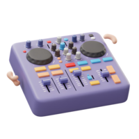 This is a 3d render of a purple Dj Mixer with knobs and sliders used for audio mixing and manipulation. png