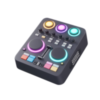 Close-up shot of a black DJ mixer console with colorful illuminated knobs and buttons, perfect for music production. png