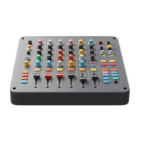 A gray audio mixer features colorful knobs, sliders and buttons for controlling sound levels, and can be used to record and mix music. png