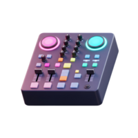 This 3D render shows a DJ mixer featuring various knobs, buttons, and sliders, typically used to control audio and create music. png