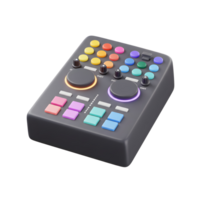 A gray DJ controller features colorful buttons, rotary knobs, and illuminated elements, suggesting its use in music production or DJing. png