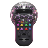 A disco ball styled mixer controller with buttons, sliders, and a screen is presented on a white background, ideal for musical performances. png