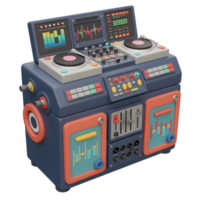 A cartoon-style DJ mixer features turntables, displays, knobs, and sliders for creating fun music mixes. png