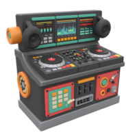 This is a 3D render of a cartoon DJ mixer with turntable, controls, headphone, and equalizer screen, ideal for creating stylized media content. png