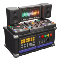 This is a 3D rendering of a DJ equipment setup with a mixer, turntable, speaker, and a display screen, likely for music creation or entertainment. png