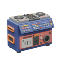 A cartoon style DJ mixer with turntables and many colorful buttons sits on a surface, ideal for music production. png