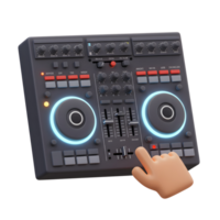 A 3D rendering shows a hand touching a button on a DJ controller, hinting at music creation and performance. png