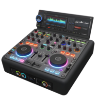 This is a modern black DJ controller with a built-in display and an array of colorful illuminated buttons and knobs, suitable for digital music production and mixing. png