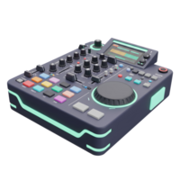 An audio mixer with screen, multiple buttons, knobs and faders is shown for mixing music. png