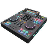 An electronic black DJ controller with colorful buttons, lights, knobs, and screen is used for mixing music. png