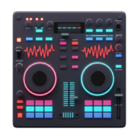 This image shows a modern DJ mixer interface with various knobs, buttons and sliders, perfect for music production and live performances. png