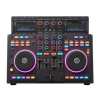 A black DJ controller with a screen, knobs, sliders, buttons, and glowing ring is displayed for music mixing. png