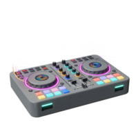 Gray DJ controller with buttons, knobs, sliders and sound waves for creating music. png