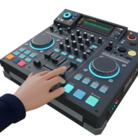 A hand is shown using a DJ mixer with blue lights, black knobs, and sliders, indicating it may be used to manipulate sound and create music. png