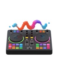 A black dj mixer with various buttons and knobs has a pixelated wave hovering above it, suggesting use for music mixing or creating sound effects. png