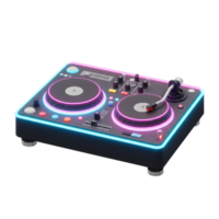 A black DJ deck featuring two turntables, various buttons, and vibrant neon lights creates a modern and electrifying atmosphere for music mixing. png