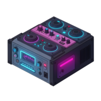 Neon lit DJ mixer features various knobs, buttons and a display screen used for music mixing. png