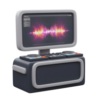 A stylized music production workstation displays a colorful digital audio waveform on its screen, suitable for mixing and editing sound. png