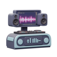 This DJ equipment features a monitor displaying a waveform and is flanked by two speakers, suitable for creating and mixing music. png