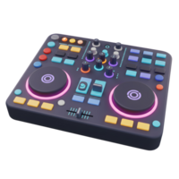A dark DJ mixer with two turntables, colorful buttons, knobs, and sliders enables music creation and performance. png