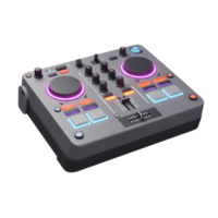 A grey DJ controller with multiple knobs, buttons, and a slider is presented, indicating it's designed for mixing music. png