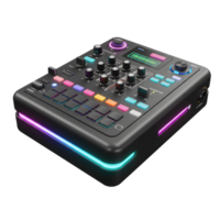 This black audio mixer features multiple colorful buttons, knobs, and glowing accents, making it suitable for music production and live performance. png
