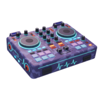 A purple and blue DJ controller is shown with knobs, buttons, and turntables to create music production. png