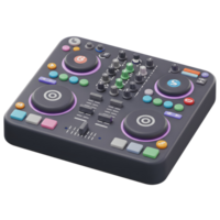 This DJ mixer features various knobs, buttons and sliders, making it suitable for mixing music. png