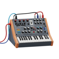 A synthesizer with a keyboard and multiple cables connected to it provides a versatile tool for music production. png