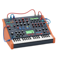 A synthesizer is shown with red and blue cables plugged into different knobs, which is used for creating electronic music. png