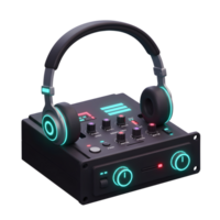 A modern headphone sits atop a black audio mixer, suggesting a setup for music production or audio recording, ready for creating audio content. png