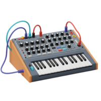 A gray synthesizer with a keyboard and multi-colored cables is shown, ideal for use in electronic music creation. png