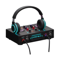 Black headphones rest on top of a black mixing console with various knobs and cables plugged in, showcasing modern audio equipment for music creation. png