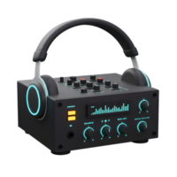 Headphones are placed on a digital mixer with numerous buttons and knobs for audio control and management in music production. png